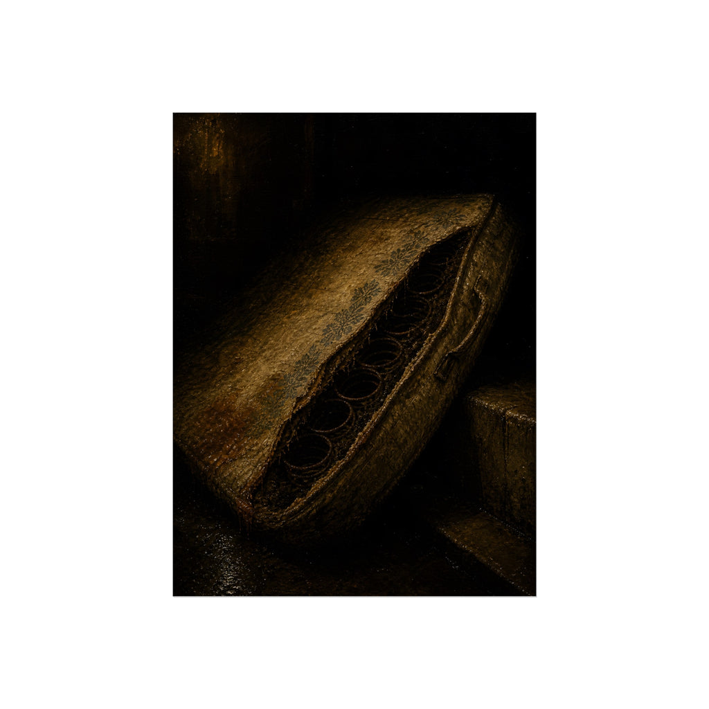 A torn mattress propped on its side, coil springs showing through the split. The Showing of the Springs by Garabaggio, fine art print, 12″ x 16″.