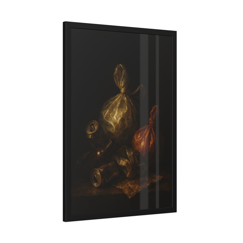 Two knotted plastic bags and crushed cans on a dark table. The Knotted Offering by Garabaggio, framed fine art print hanging in a room.