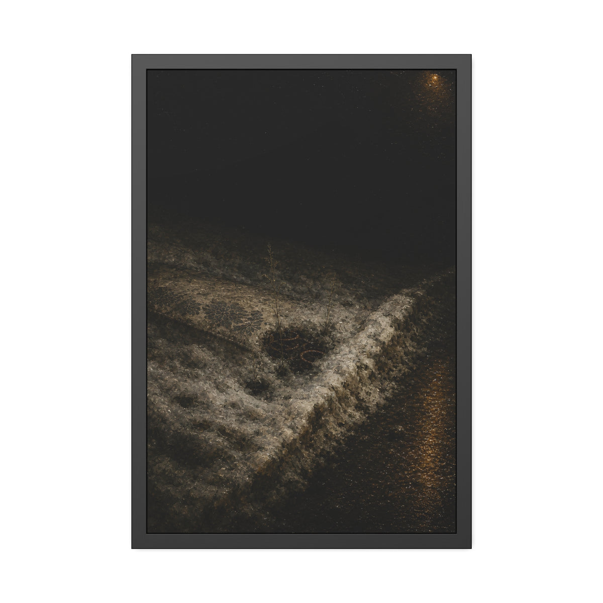 A discarded mattress half buried in snow, a distant streetlight behind. The White Burial by Garabaggio, framed fine art print, 24″ x 36″.