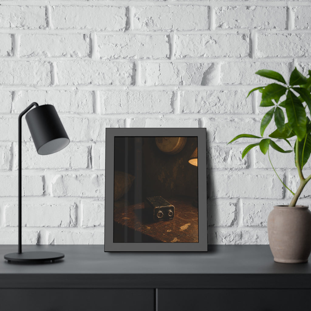 A nine volt battery on a nightstand below a wall smoke detector. The Battery Laid Below by Garabaggio, framed fine art print hanging in a room.