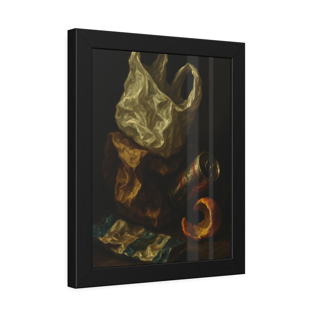 A plastic bag, crushed can and orange peel on a dim table. Still Life with Orange Peel and Resignation by Garabaggio, framed fine art print hanging in a room.