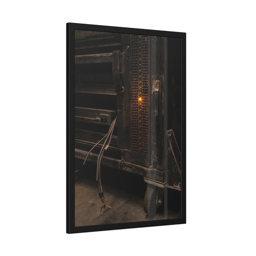 A single amber light among green LEDs on a grimy server rack. The Amber Fault by Garabaggio, framed fine art print hanging in a room.
