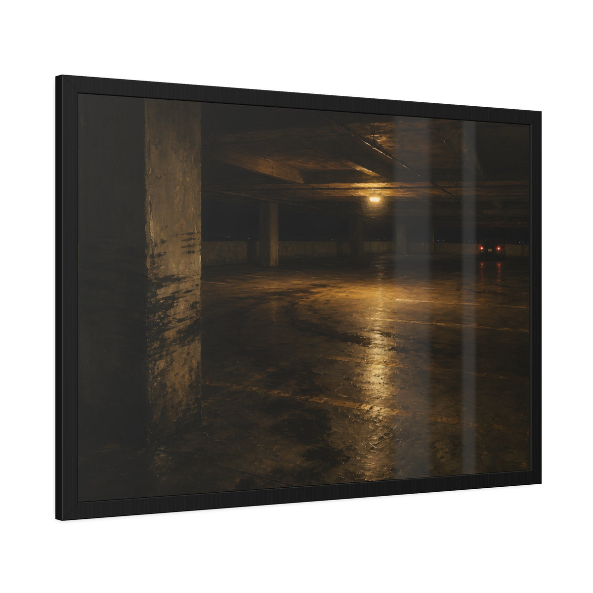 An empty concrete parking deck lit by one ceiling lamp, tail lights beyond. The Parking Garage, Level 4 by Garabaggio, framed fine art print hanging in a room.