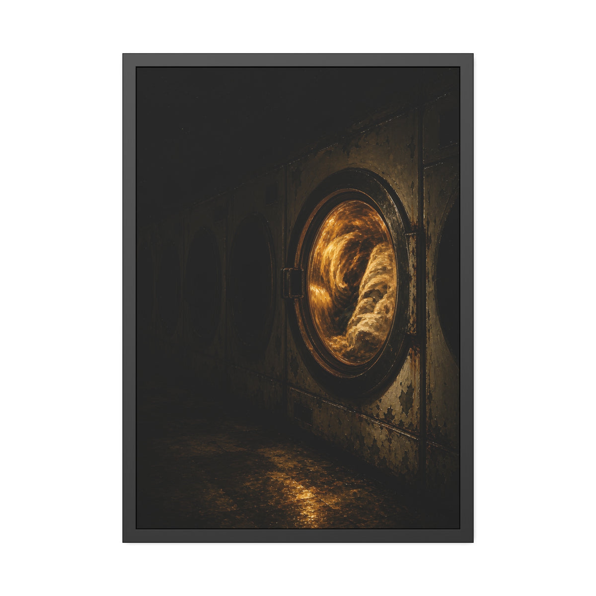 A row of dryers with one drum lit and tumbling in a dark laundromat. The Last Dryer Turning by Garabaggio, framed fine art print, 28″ x 40″.