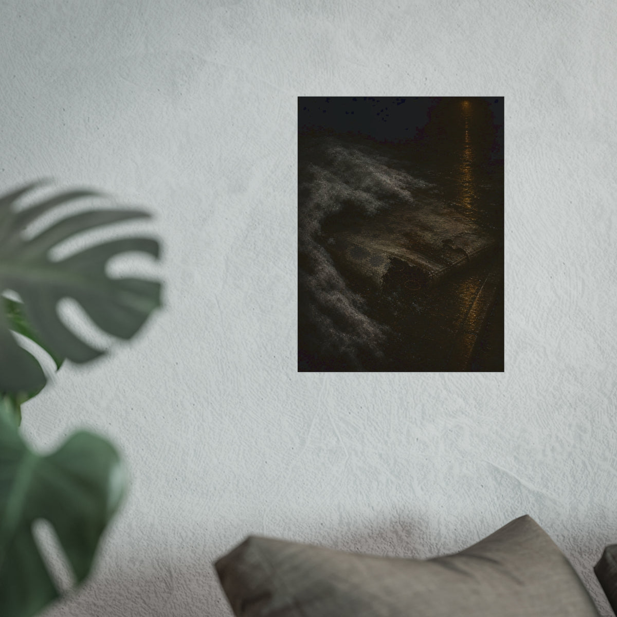 A soaked mattress in melting snow at the curb beside a wet street. The Thaw by Garabaggio, fine art print hanging in a room.