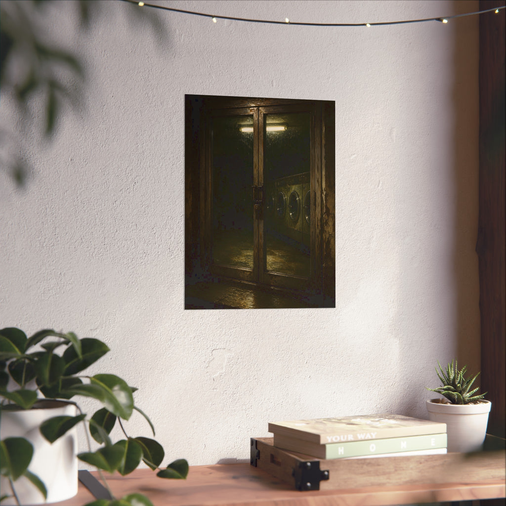 Glass laundromat doors at night with washers lit by a fluorescent tube. The Doors at Midnight by Garabaggio, fine art print hanging in a room.