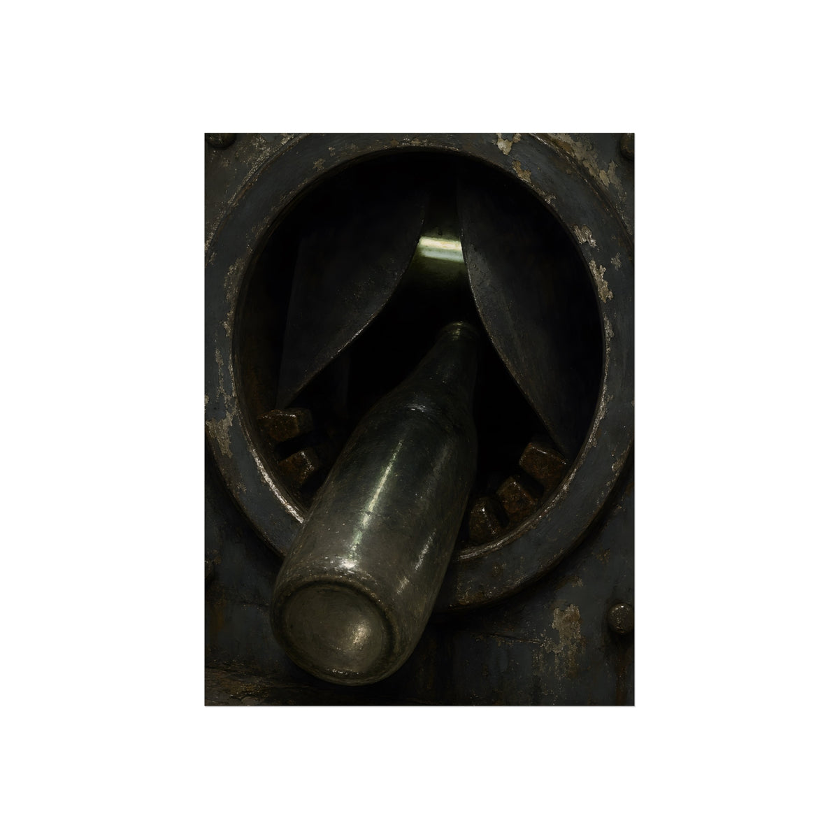 A glass bottle wedged in the round steel intake of a crushing machine. The Crusher's Mouth by Garabaggio, fine art print, 12″ x 16″.