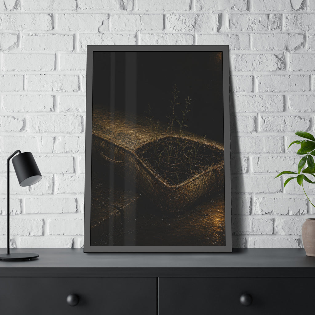 Weeds growing through a torn mattress left at a wet curb at night. The Rooting of Weeds by Garabaggio, framed fine art print hanging in a room.