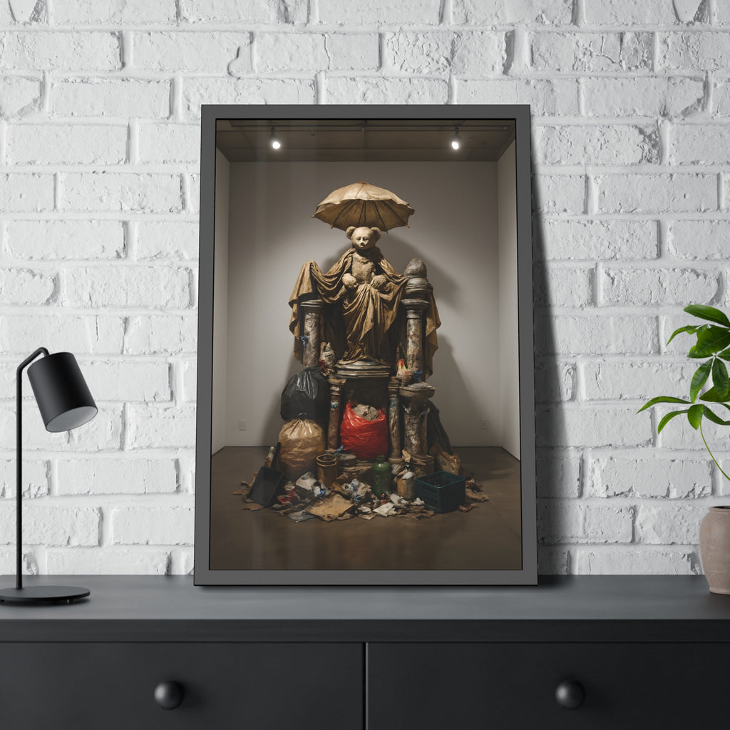 A teddy bear figure under an umbrella atop a pile of trash bags. Madonna of the Lost and Found by Garabaggio, framed fine art print hanging in a room.