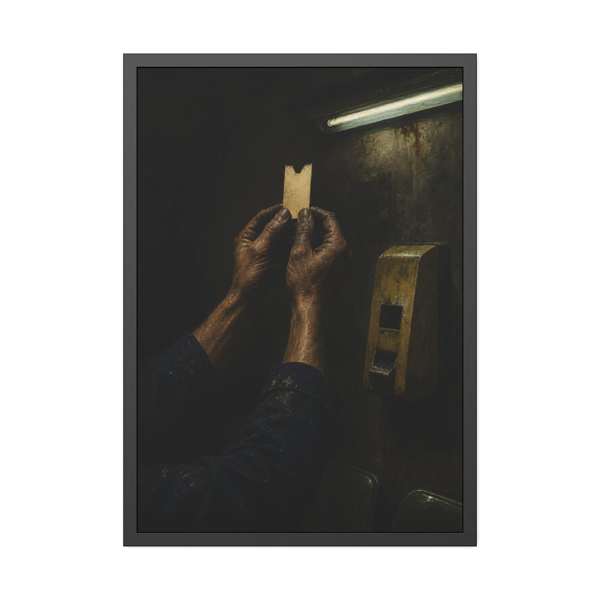 Weathered hands holding a paper queue ticket under a fluorescent tube. The First Number by Garabaggio, framed fine art print, 28″ x 40″.