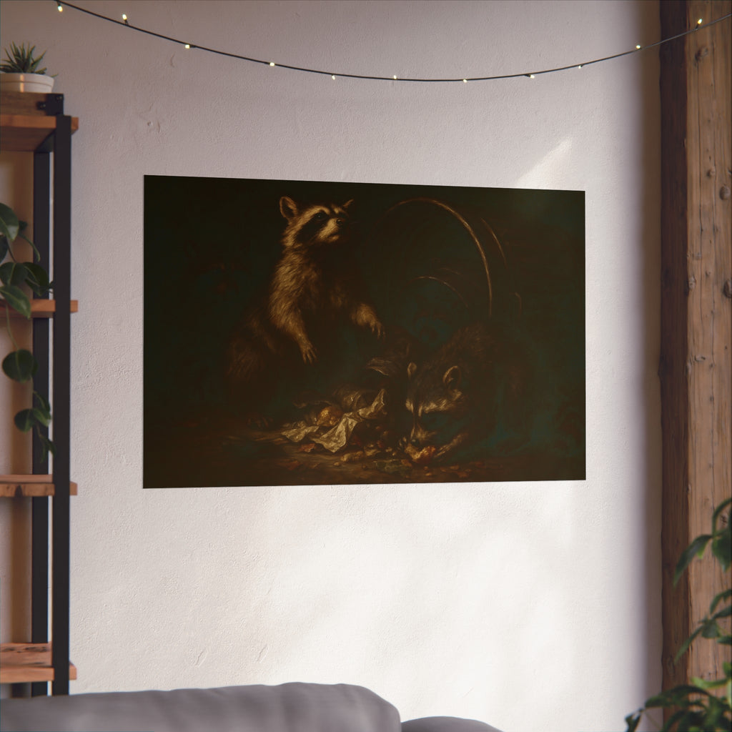 Raccoons feeding on scraps around a tipped metal trash can in the dark. The Calling of St. Trash by Garabaggio, fine art print hanging in a room.