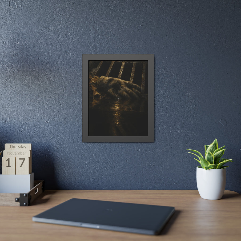 A single work glove on a storm drain grate above dark standing water. The Descent Into the Drain by Garabaggio, framed fine art print hanging in a room.