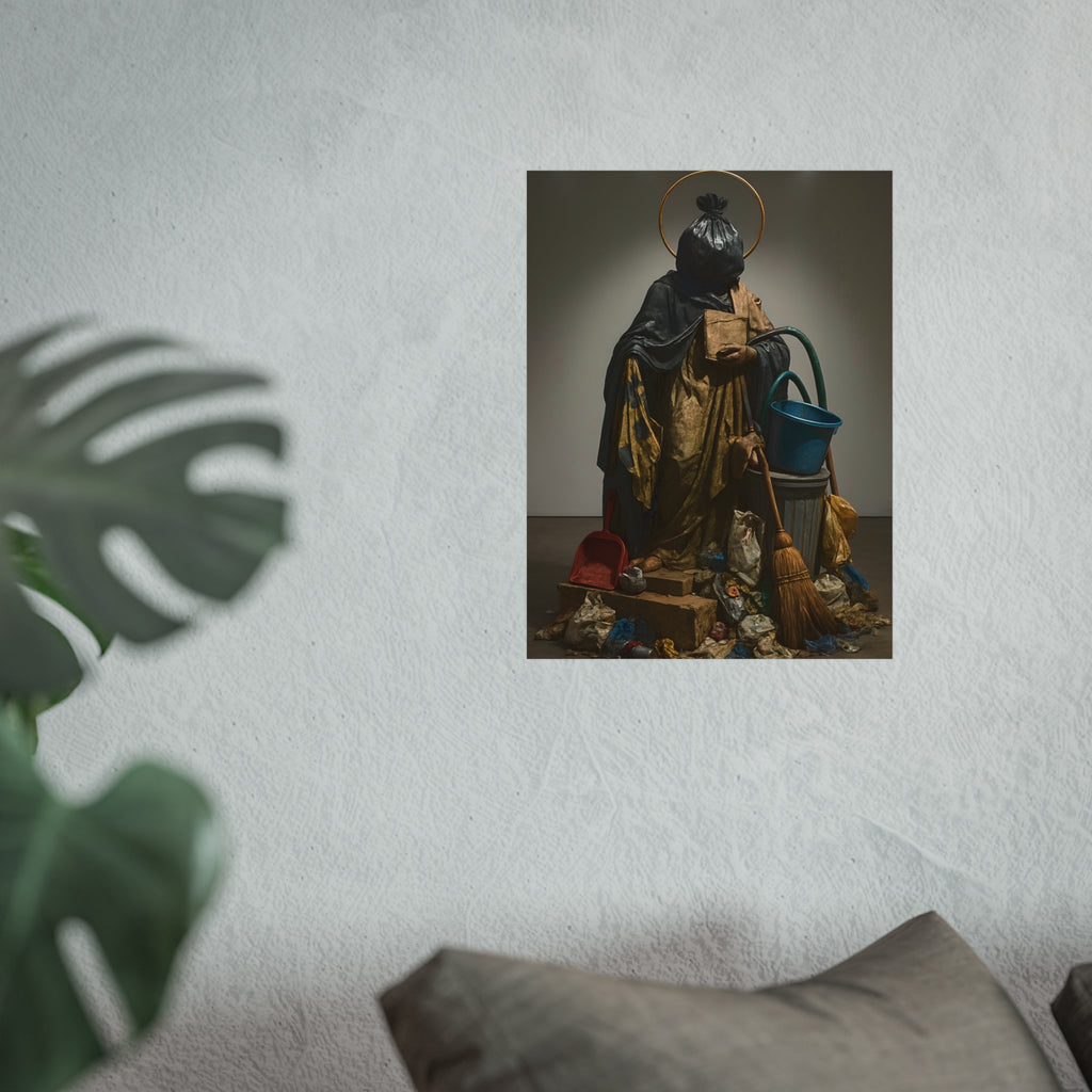 A robed figure with a garbage bag head and gold halo holding a broom. The Custodian Enthroned by Garabaggio, fine art print hanging in a room.