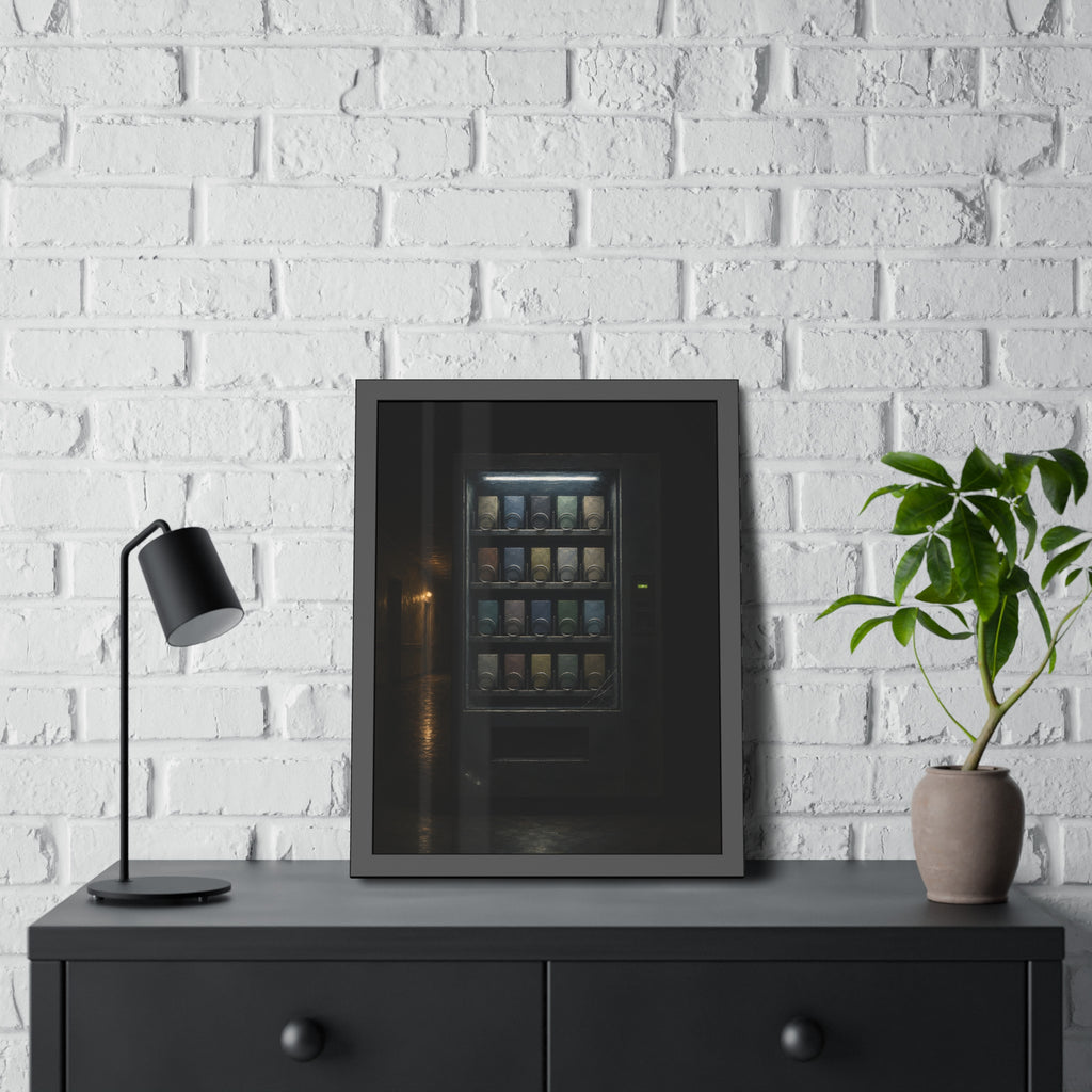 A fully stocked lit vending machine at the end of a dark corridor. The Full Grid at Closing by Garabaggio, framed fine art print hanging in a room.