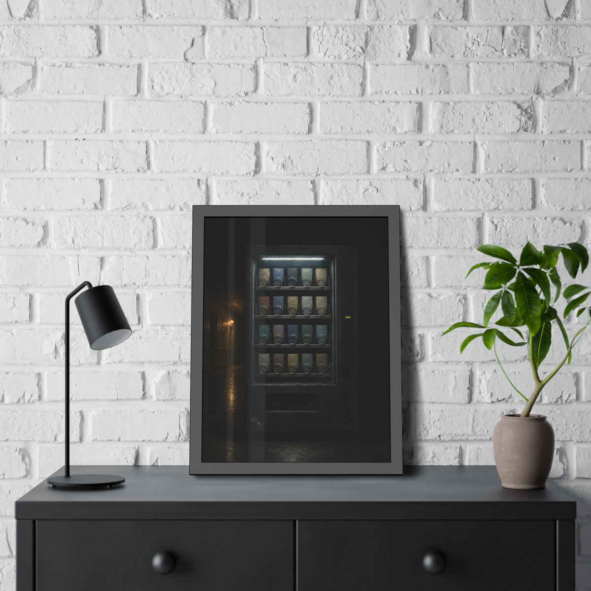 A fully stocked lit vending machine at the end of a dark corridor. The Full Grid at Closing by Garabaggio, framed fine art print hanging in a room.