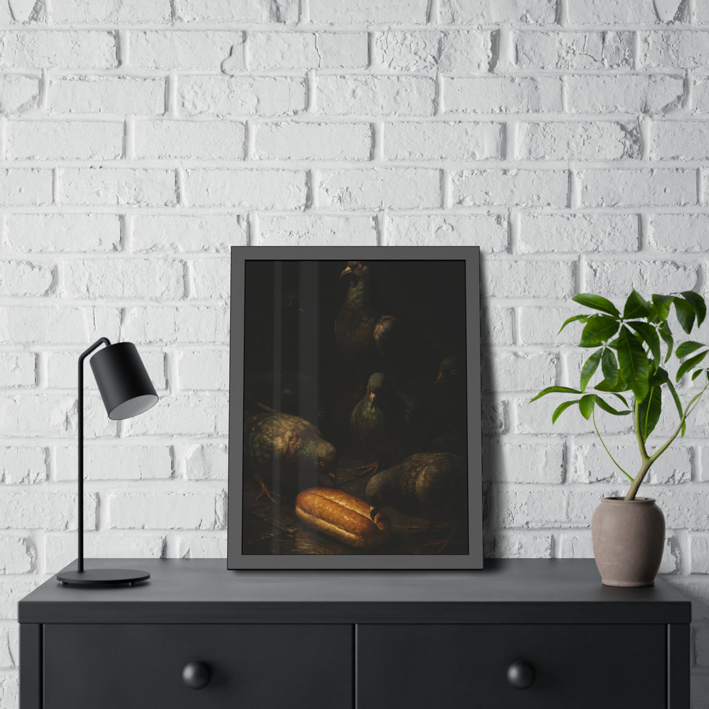 Pigeons crowding around a bread roll on dark stone paving. The Congregation at the Bun by Garabaggio, framed fine art print hanging in a room.