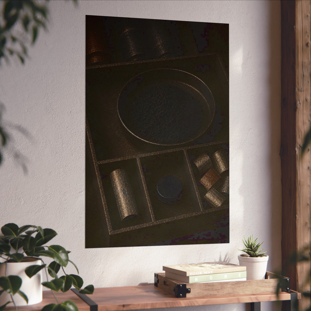 Battery casings and black powder sorted into the trays of a dim box. The Black Recovery by Garabaggio, fine art print hanging in a room.