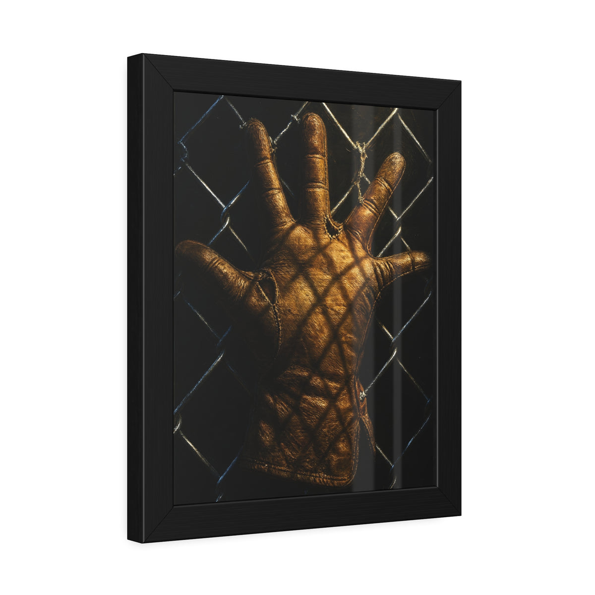 A leather work glove splayed palm out against chain-link wire. The Crucifixion on Chain-Link (Framed) by Garabaggio, framed fine art print hanging in a room.