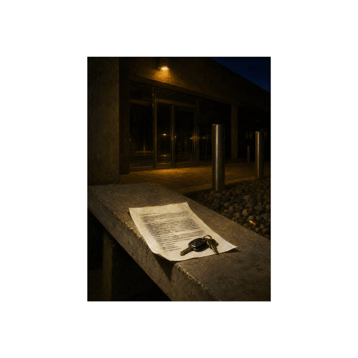 A printed page and car keys on a concrete ledge outside an office at night. The Last Email, Printed by Garabaggio, fine art print, 18″ x 24″.