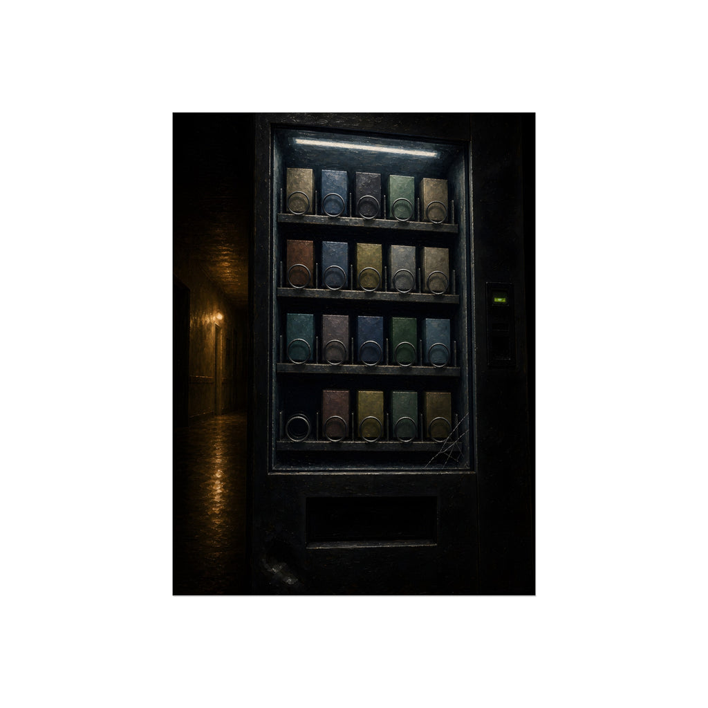 Rows of coils behind the lit glass of a vending machine in a dark hall. The First Empty Spiral by Garabaggio, fine art print, 12″ x 16″.