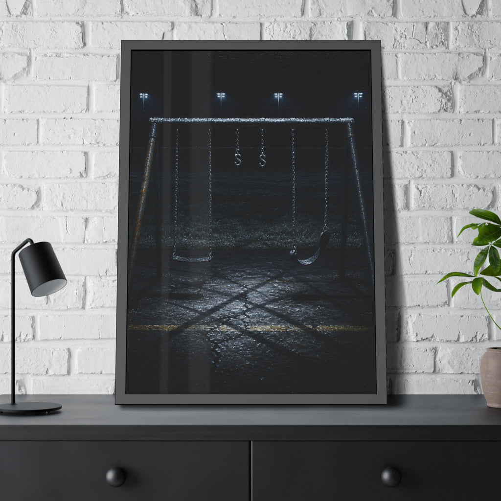 An empty swing set with frost on its crossbar under floodlights. Midnight: The Frost on the Crossbar by Garabaggio, framed fine art print hanging in a room.