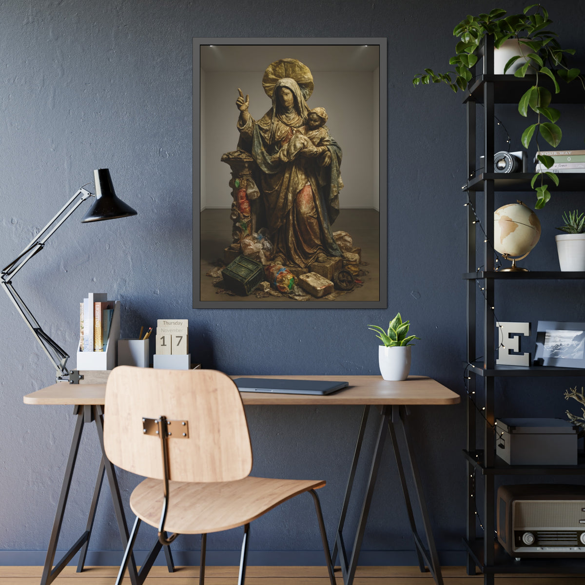 A standing veiled figure holding a child, refuse piled around the base. The Virgin of the Landfill by Garabaggio, framed fine art print hanging in a room.