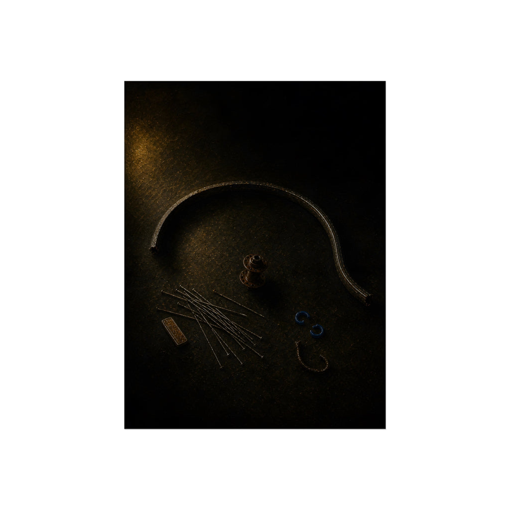 Bent bicycle rim, loose spokes and hub laid out on dark asphalt. Arc and Spokes by Garabaggio, fine art print, 12″ x 16″.