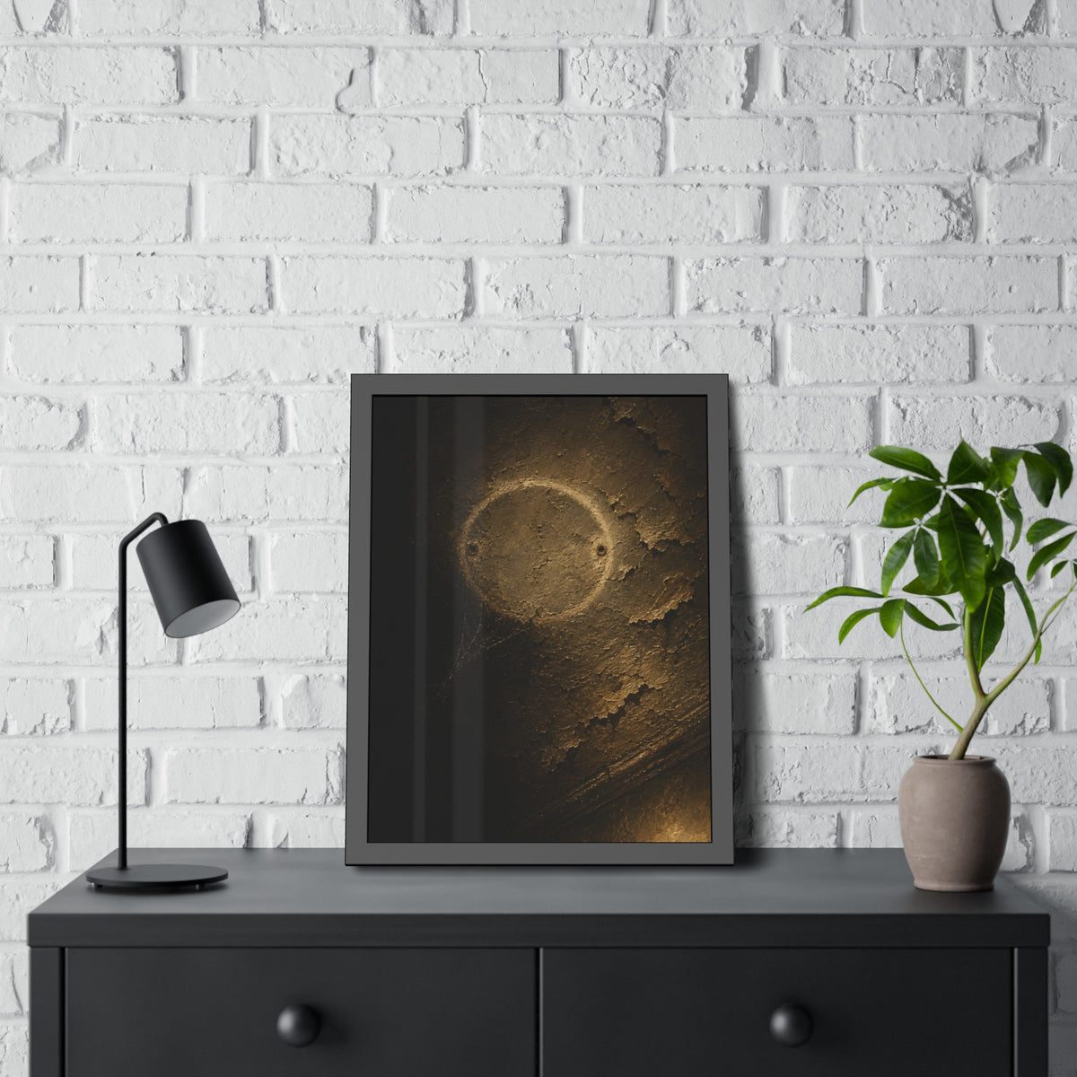 A pale ring and two screw holes on a peeling ceiling where a detector was. The Circle on the Ceiling by Garabaggio, framed fine art print hanging in a room.