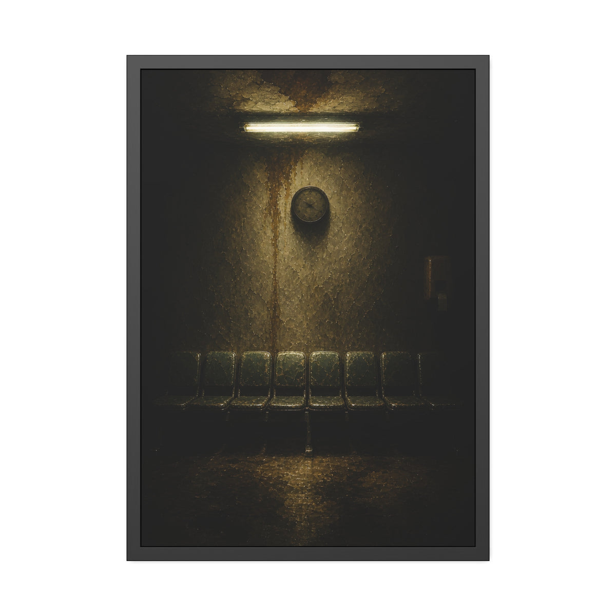 Eight worn seats in a row under a wall clock and one fluorescent tube. Eight Seats and a Clock by Garabaggio, framed fine art print, 28″ x 40″.