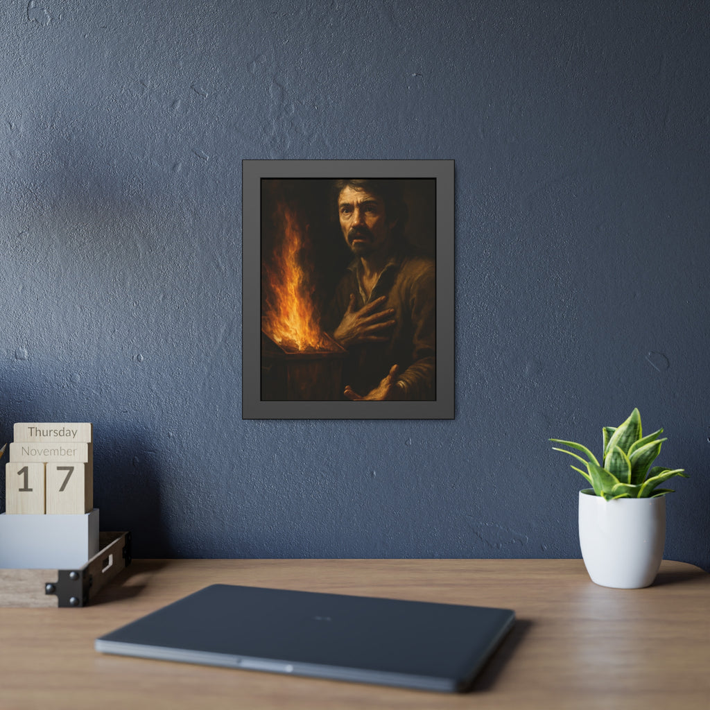 Man reaching an open palm toward a dumpster fire at his left. Self-Portrait as the Doubting Thomas by Garabaggio, framed fine art print hanging in a room.