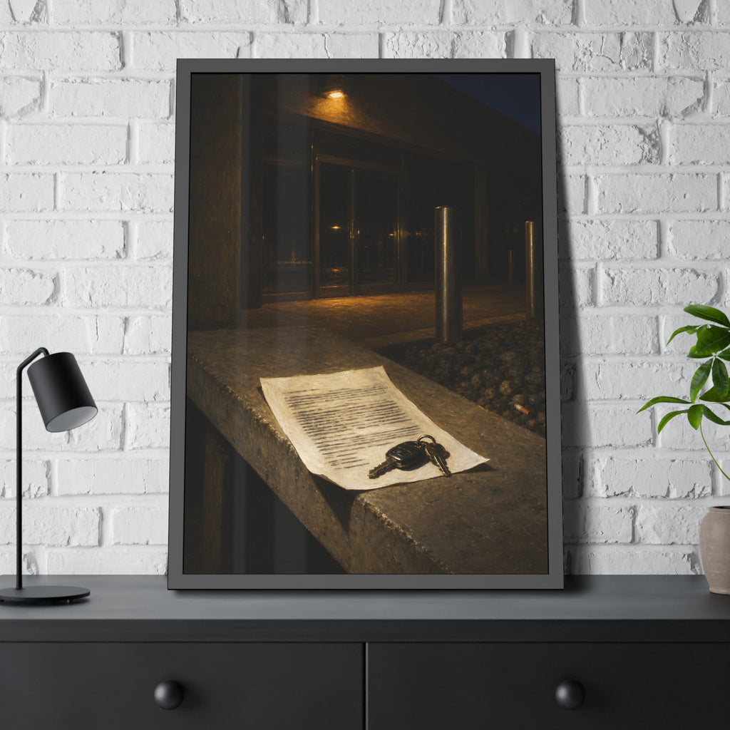A printed page and car keys on a concrete ledge outside an office at night. The Last Email, Printed by Garabaggio, framed fine art print hanging in a room.