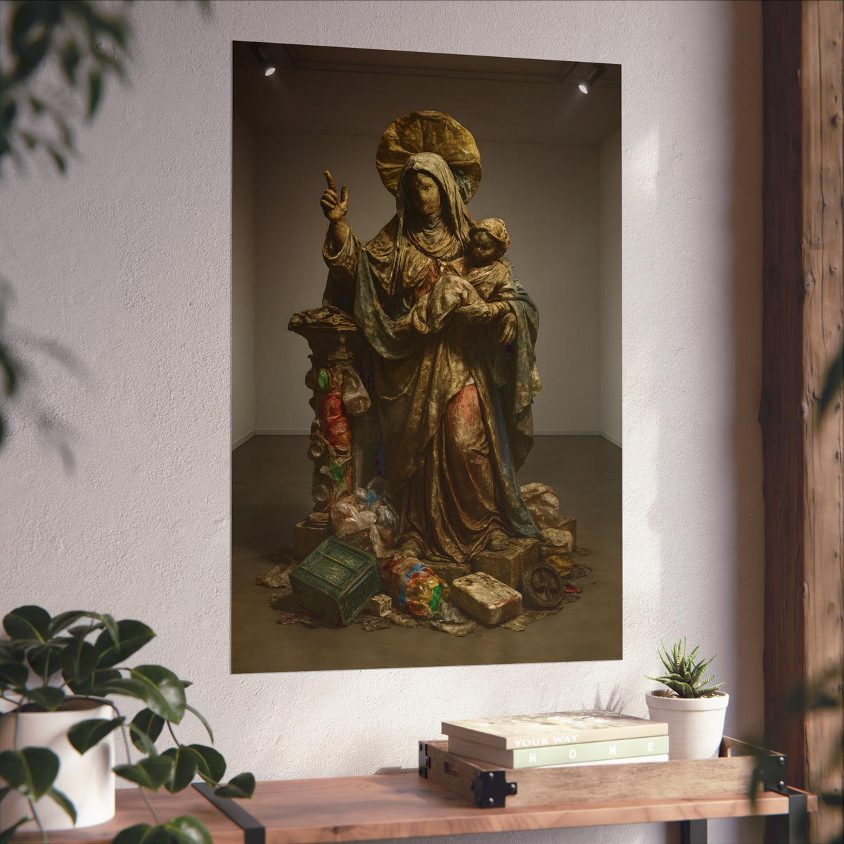 A standing veiled figure holding a child, refuse piled around the base. The Virgin of the Landfill by Garabaggio, fine art print hanging in a room.