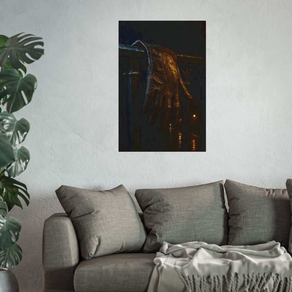A leather glove draped over an iron railing, fingers hanging. The Repose of the Leather Glove, No. 1 by Garabaggio, fine art print hanging in a room.
