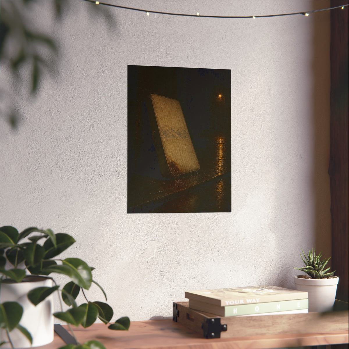 A stained mattress leaning against a wall in rain under a streetlamp. The First Rain by Garabaggio, fine art print hanging in a room.