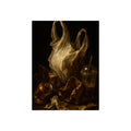 A plastic bag held open above a crushed can and a plastic cup with straw. The Apparition of the Bag by Garabaggio, fine art print, 12″ x 16″.