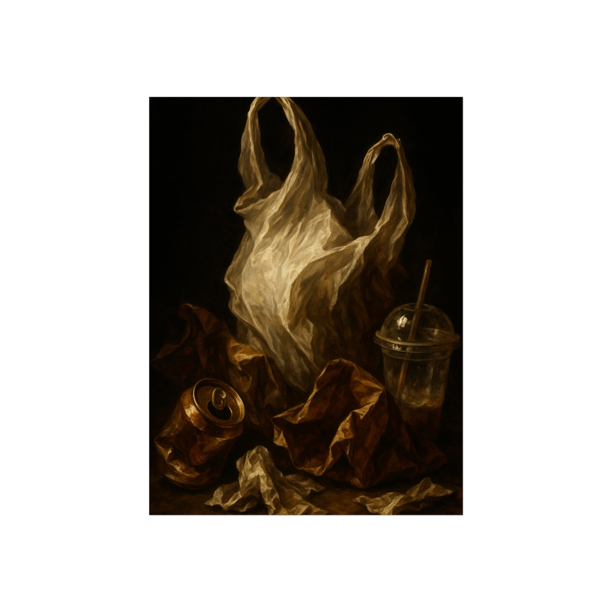 A plastic bag held open above a crushed can and a plastic cup with straw. The Apparition of the Bag by Garabaggio, fine art print, 12″ x 16″.
