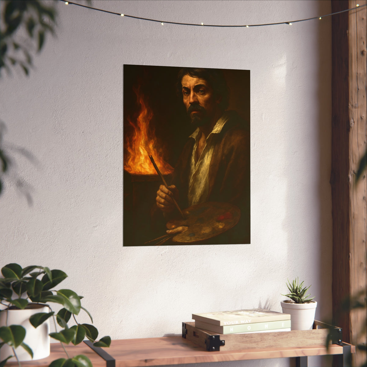 Man holding a palette and brushes, a fire behind him. Self-Portrait with Palette (After Caravaggio) by Garabaggio, fine art print hanging in a room.