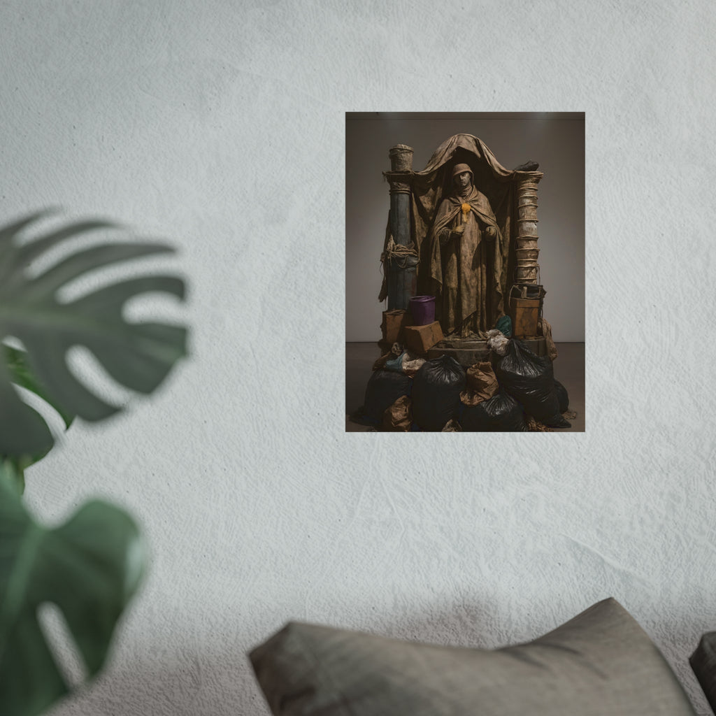 Draped standing figure under a canopy above a heap of black garbage bags. Saint Francis of the Black Bag by Garabaggio, fine art print hanging in a room.