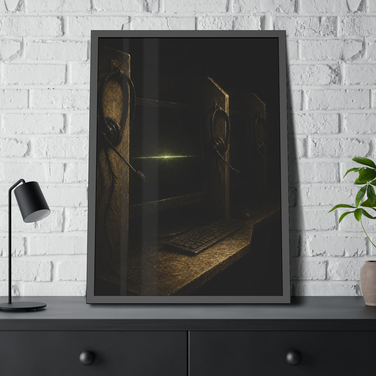 Dark cubicle monitors and a headset, one screen holding a thin green line. Power Down by Rows by Garabaggio, framed fine art print hanging in a room.