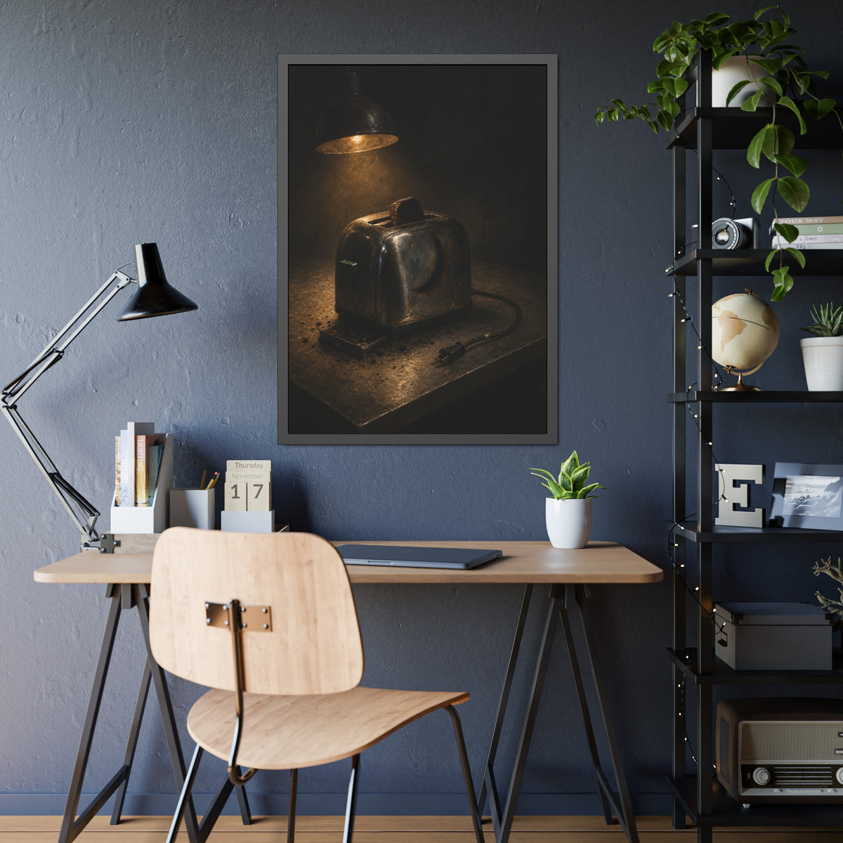 A scorched toaster under a work lamp, burnt toast standing in its slot. The Table of Examination by Garabaggio, framed fine art print hanging in a room.