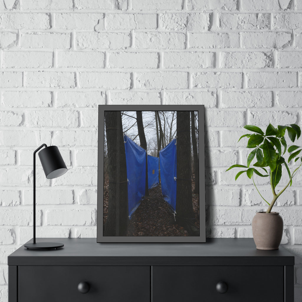 Blue tarps tied between bare trees forming a corridor over dead leaves. Passage Between Trees by Garabaggio, framed fine art print hanging in a room.