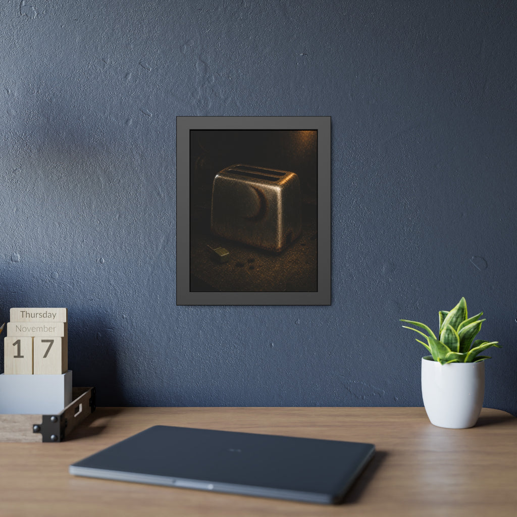 A scorched toaster on a dark counter with crumbs and its plug beside it. Shell Without Heat by Garabaggio, framed fine art print hanging in a room.