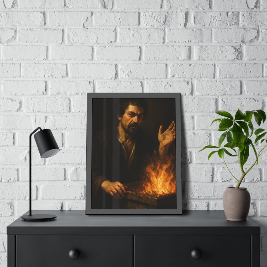 Man holding one hand high over the flames of an open burning bin. Self-Portrait Commanding the Light by Garabaggio, framed fine art print hanging in a room.