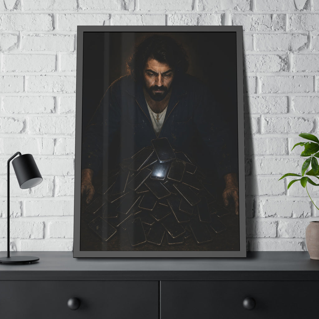 A bearded man leaning over a pile of dark phones, one screen lit. The Last Notification by Garabaggio, framed fine art print hanging in a room.