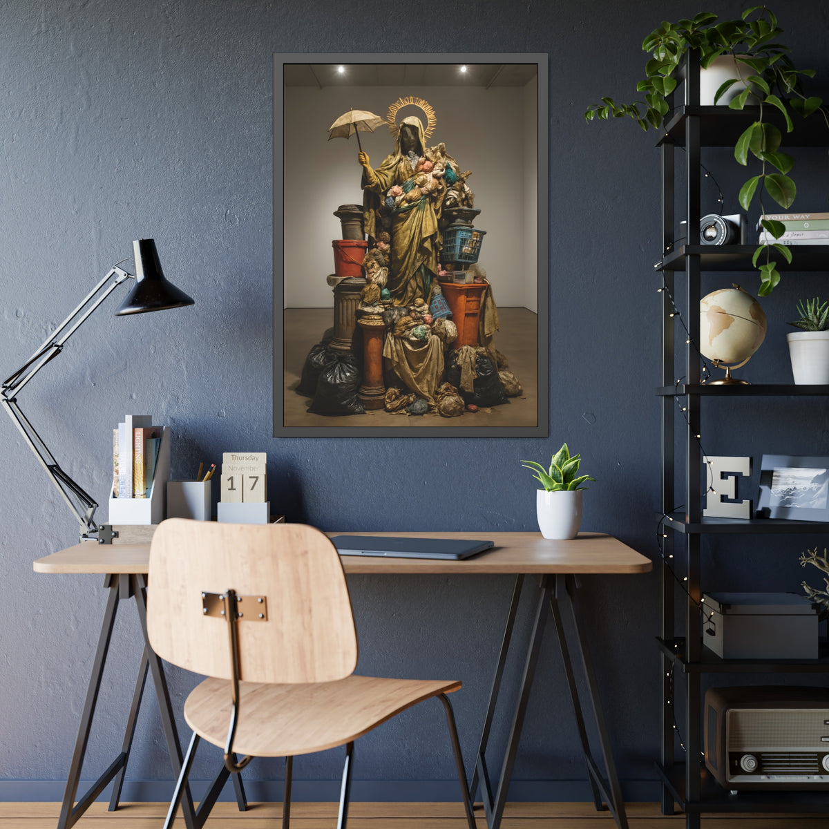 Robed figure with a halo and umbrella rising from trash bags and crates. Our Lady of Perpetual Shelter by Garabaggio, framed fine art print hanging in a room.