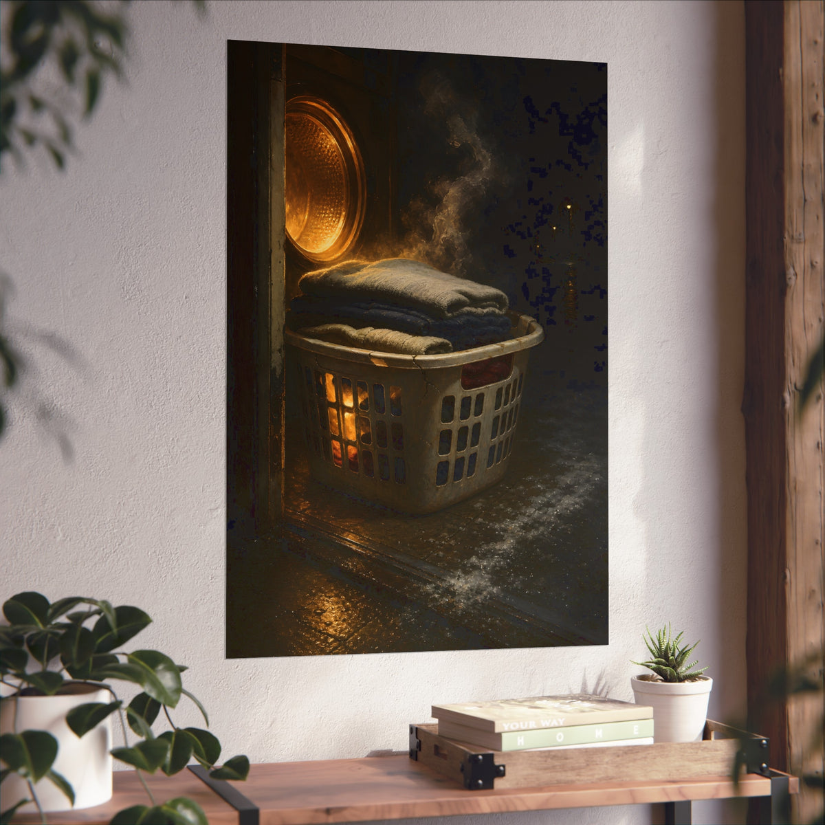 A laundry basket of folded clothes glowing in front of an open dryer. The Warm Clothes Against the Cold by Garabaggio, fine art print hanging in a room.