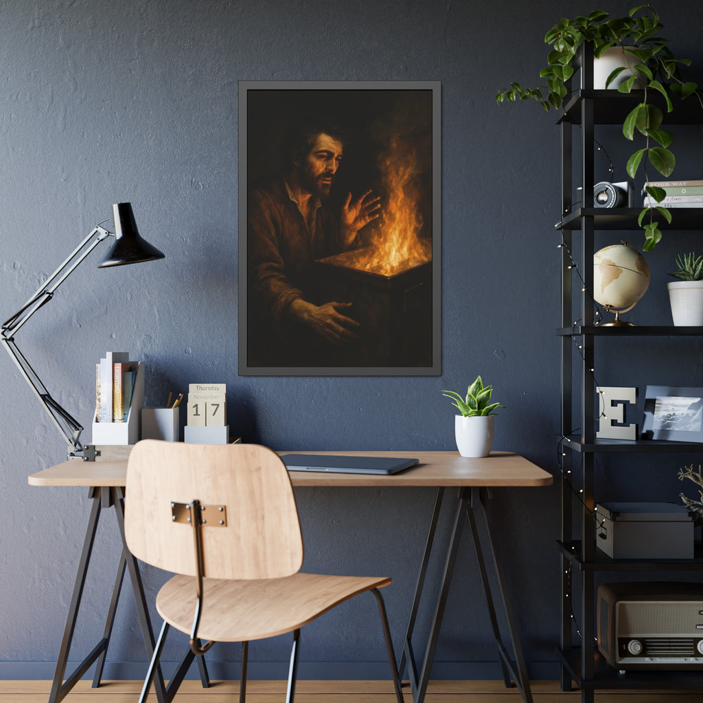 Man holding both hands toward the flames of a burning dumpster. Self-Portrait Warming the Hands by Garabaggio, framed fine art print hanging in a room.
