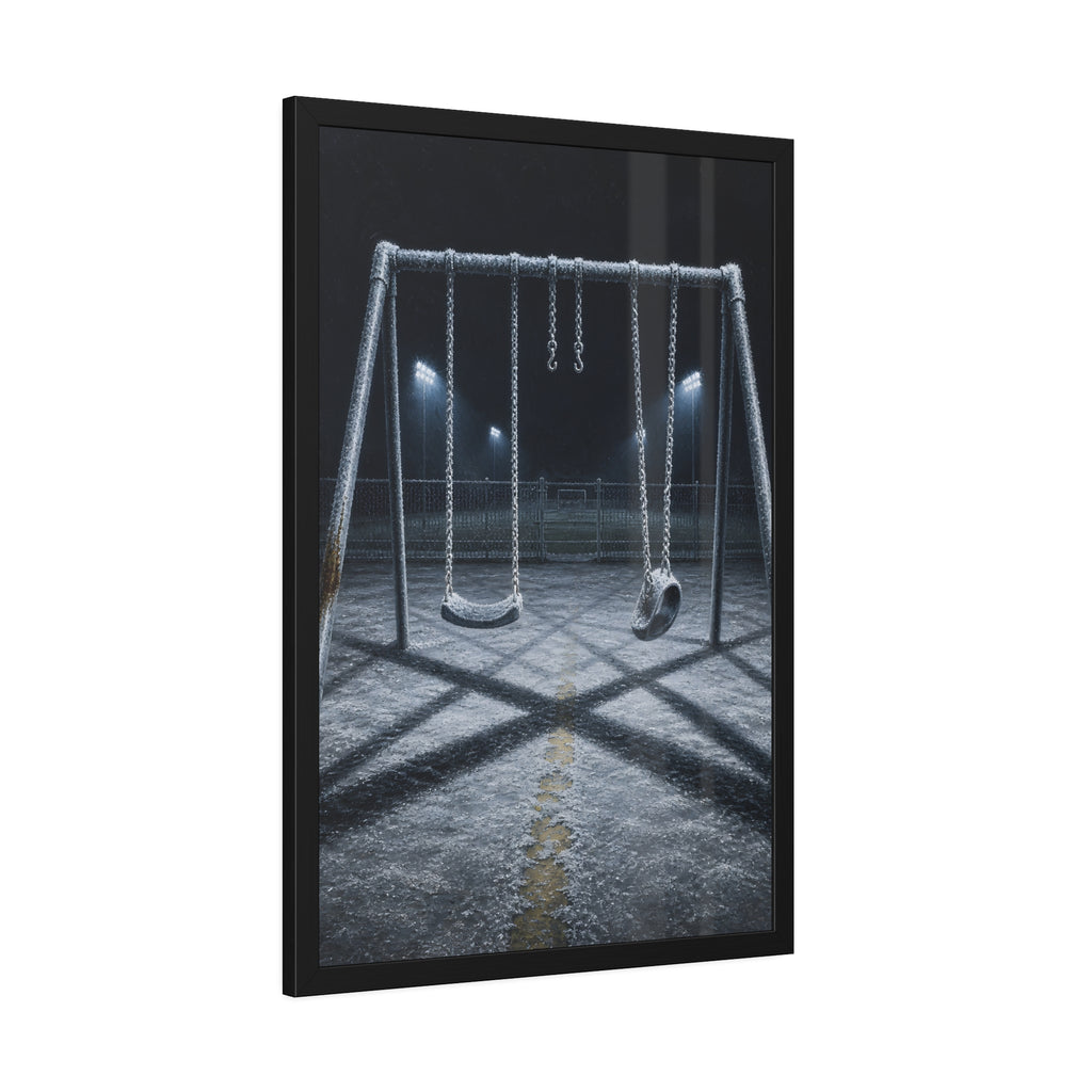 A frost covered swing set on empty asphalt under distant floodlights. The Third Hour: The Coldest Part by Garabaggio, framed fine art print hanging in a room.