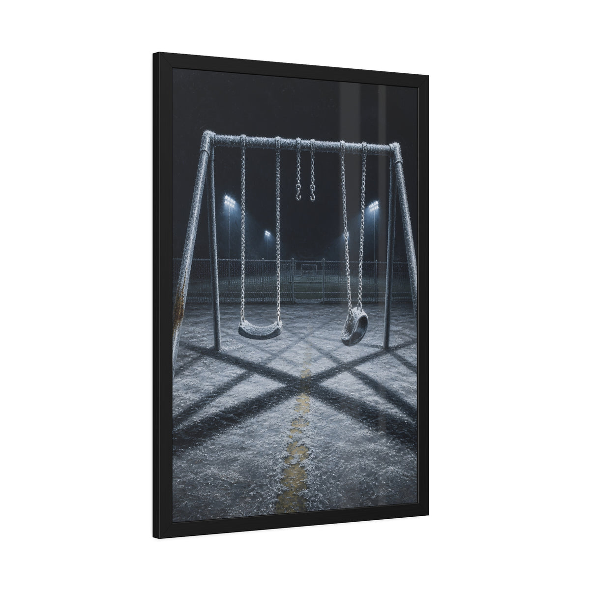 A frost covered swing set on empty asphalt under distant floodlights. The Third Hour: The Coldest Part by Garabaggio, framed fine art print hanging in a room.