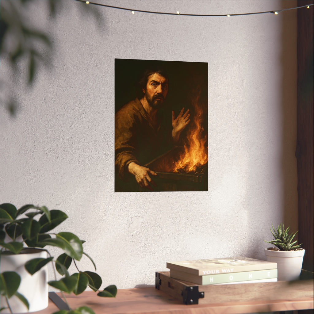 Man gripping the edge of a burning dumpster with one hand raised. Self-Portrait at 3:40 AM by Garabaggio, fine art print hanging in a room.